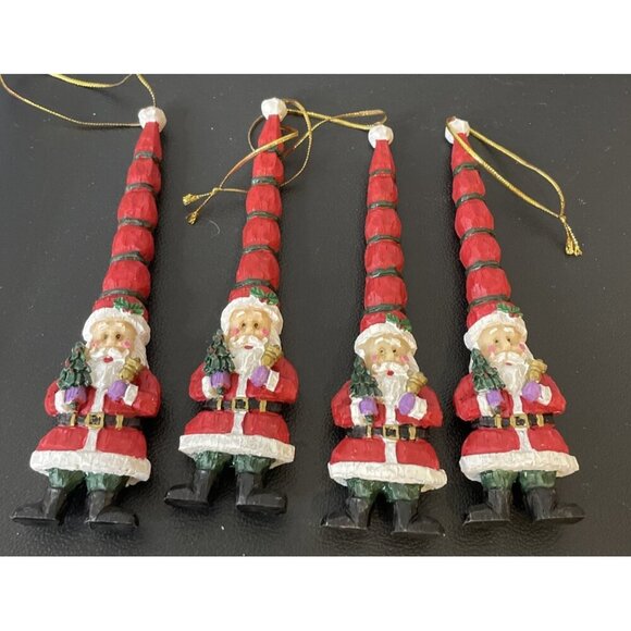 Ganz Resin Santas Christmas Ornaments Long Spiral Hat‎ Wood Style Set Of 4 - Picture 1 of 4